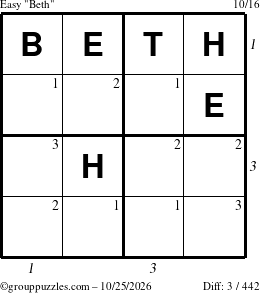 The grouppuzzles.com Easy Beth puzzle for Sunday October 25, 2026 with all 3 steps marked