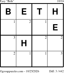 The grouppuzzles.com Easy Beth puzzle for Sunday October 25, 2026 with the first 3 steps marked