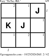 The grouppuzzles.com Easy TicTac-JKL puzzle for Sunday October 25, 2026 with all 2 steps marked