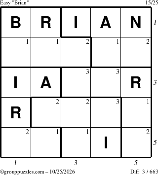 The grouppuzzles.com Easy Brian puzzle for Sunday October 25, 2026 with all 3 steps marked