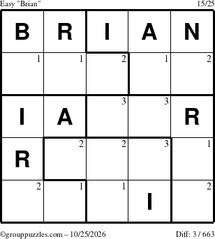 The grouppuzzles.com Easy Brian puzzle for Sunday October 25, 2026 with the first 3 steps marked