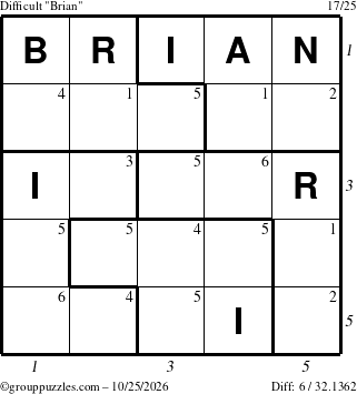 The grouppuzzles.com Difficult Brian puzzle for Sunday October 25, 2026 with all 6 steps marked