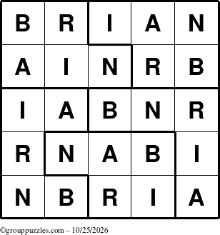 The grouppuzzles.com Answer grid for the Brian puzzle for Sunday October 25, 2026