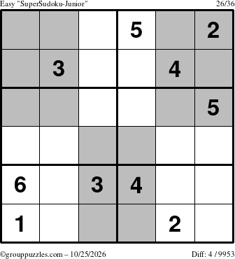 The grouppuzzles.com Easy SuperSudoku-Junior puzzle for Sunday October 25, 2026