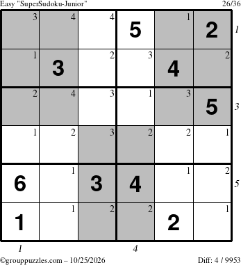 The grouppuzzles.com Easy SuperSudoku-Junior puzzle for Sunday October 25, 2026, suitable for printing, with all 4 steps marked