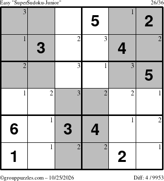 The grouppuzzles.com Easy SuperSudoku-Junior puzzle for Sunday October 25, 2026 with the first 3 steps marked