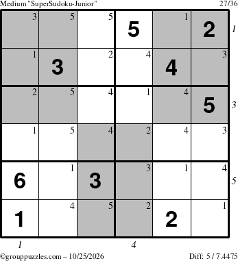 The grouppuzzles.com Medium SuperSudoku-Junior puzzle for Sunday October 25, 2026 with all 5 steps marked
