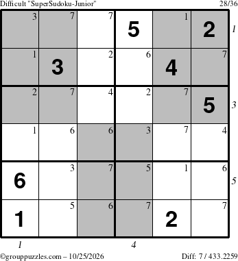 The grouppuzzles.com Difficult SuperSudoku-Junior puzzle for Sunday October 25, 2026 with all 7 steps marked