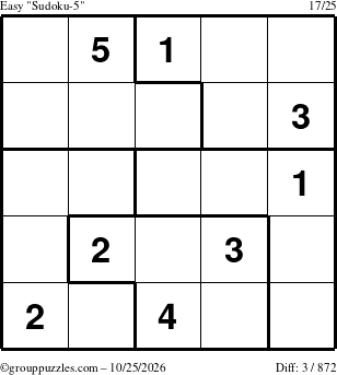 The grouppuzzles.com Easy Sudoku-5 puzzle for Sunday October 25, 2026