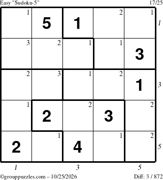 The grouppuzzles.com Easy Sudoku-5 puzzle for Sunday October 25, 2026 with all 3 steps marked