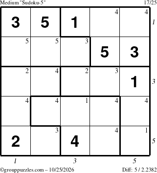 The grouppuzzles.com Medium Sudoku-5 puzzle for Sunday October 25, 2026, suitable for printing, with all 5 steps marked