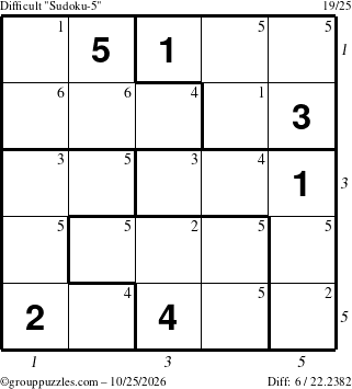 The grouppuzzles.com Difficult Sudoku-5 puzzle for Sunday October 25, 2026, suitable for printing, with all 6 steps marked