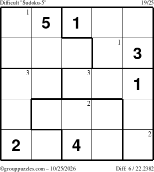 The grouppuzzles.com Difficult Sudoku-5 puzzle for Sunday October 25, 2026 with the first 3 steps marked