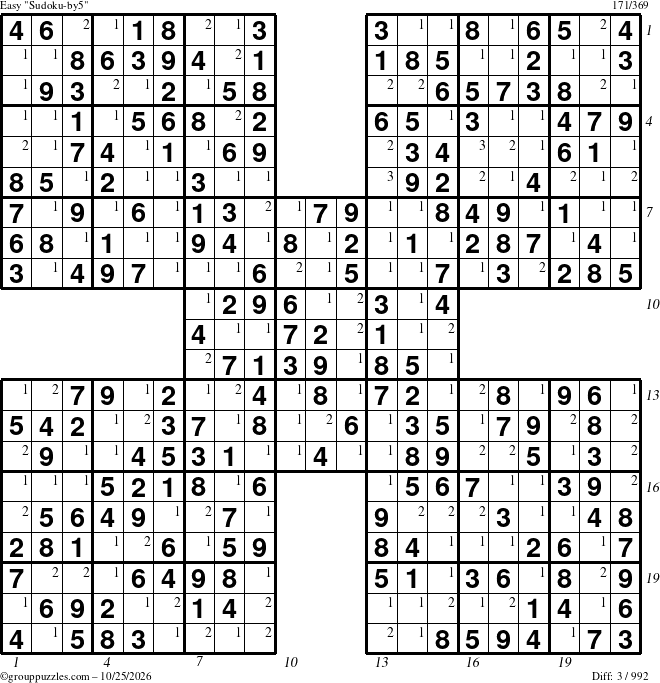 The grouppuzzles.com Easy Sudoku-by5 puzzle for Sunday October 25, 2026 with all 3 steps marked
