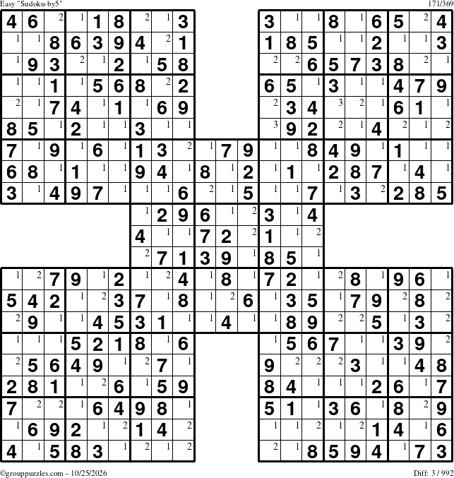 The grouppuzzles.com Easy Sudoku-by5 puzzle for Sunday October 25, 2026 with the first 3 steps marked