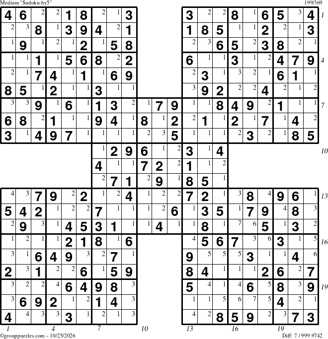 The grouppuzzles.com Medium Sudoku-by5 puzzle for Sunday October 25, 2026, suitable for printing, with all 7 steps marked