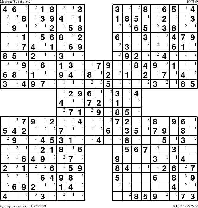 The grouppuzzles.com Medium Sudoku-by5 puzzle for Sunday October 25, 2026 with the first 3 steps marked