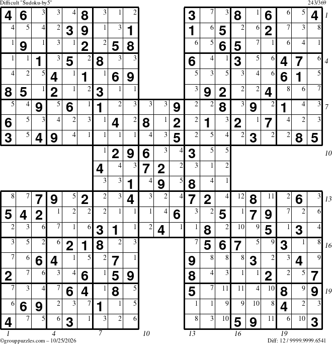 The grouppuzzles.com Difficult Sudoku-by5 puzzle for Sunday October 25, 2026 with all 12 steps marked