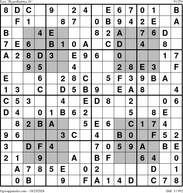 The grouppuzzles.com Easy HyperSudoku-16 puzzle for Sunday October 25, 2026
