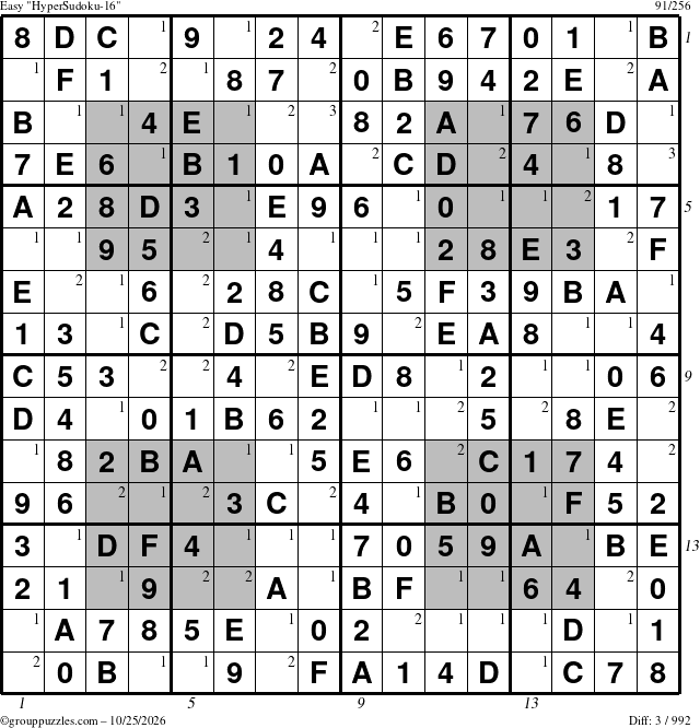 The grouppuzzles.com Easy HyperSudoku-16 puzzle for Sunday October 25, 2026, suitable for printing, with all 3 steps marked