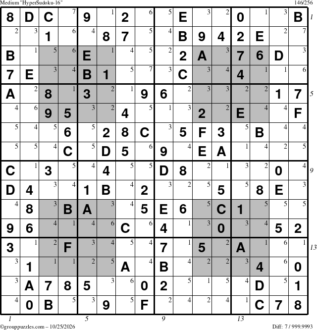 The grouppuzzles.com Medium HyperSudoku-16 puzzle for Sunday October 25, 2026 with all 7 steps marked