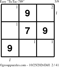 The grouppuzzles.com Easy TicTac-789 puzzle for Sunday October 25, 2026, suitable for printing, with all 2 steps marked