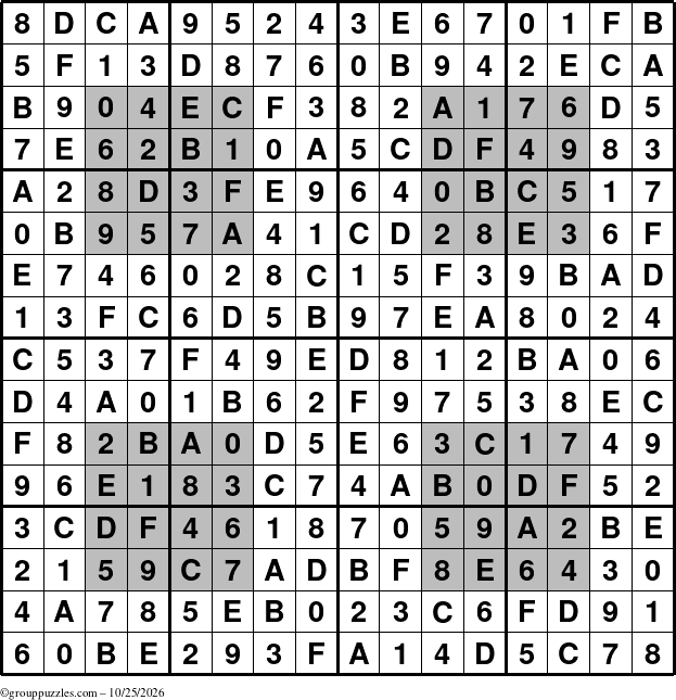 The grouppuzzles.com Answer grid for the HyperSudoku-16 puzzle for Sunday October 25, 2026