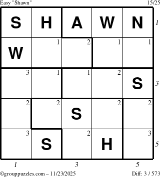 The grouppuzzles.com Easy Shawn puzzle for Sunday November 23, 2025, suitable for printing, with all 3 steps marked