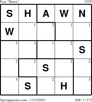 The grouppuzzles.com Easy Shawn puzzle for Sunday November 23, 2025 with the first 3 steps marked
