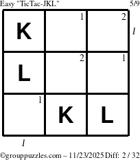 The grouppuzzles.com Easy TicTac-JKL puzzle for Sunday November 23, 2025, suitable for printing, with all 2 steps marked
