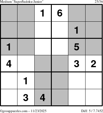 The grouppuzzles.com Medium SuperSudoku-Junior puzzle for Sunday November 23, 2025