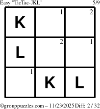 The grouppuzzles.com Easy TicTac-JKL puzzle for Sunday November 23, 2025 with the first 2 steps marked