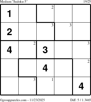 The grouppuzzles.com Medium Sudoku-5 puzzle for Sunday November 23, 2025 with the first 3 steps marked