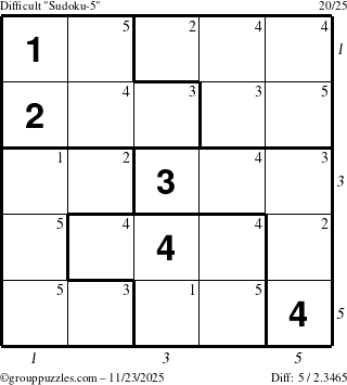 The grouppuzzles.com Difficult Sudoku-5 puzzle for Sunday November 23, 2025 with all 5 steps marked