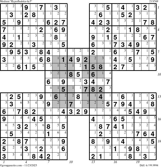 The grouppuzzles.com Medium HyperSudoku-by5 puzzle for Sunday November 23, 2025, suitable for printing, with all 6 steps marked