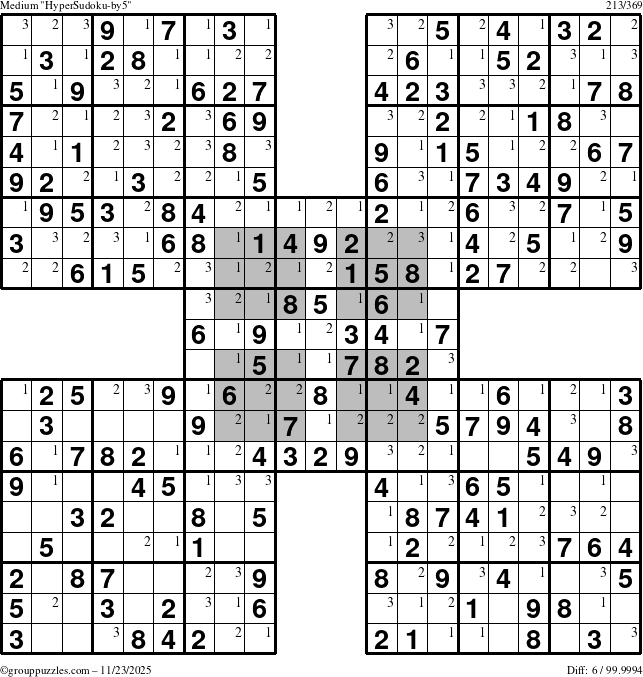 The grouppuzzles.com Medium HyperSudoku-by5 puzzle for Sunday November 23, 2025 with the first 3 steps marked