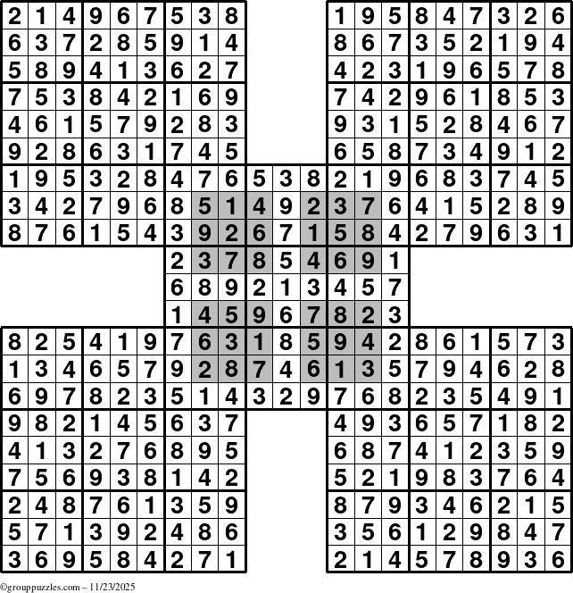 The grouppuzzles.com Answer grid for the HyperSudoku-by5 puzzle for Sunday November 23, 2025