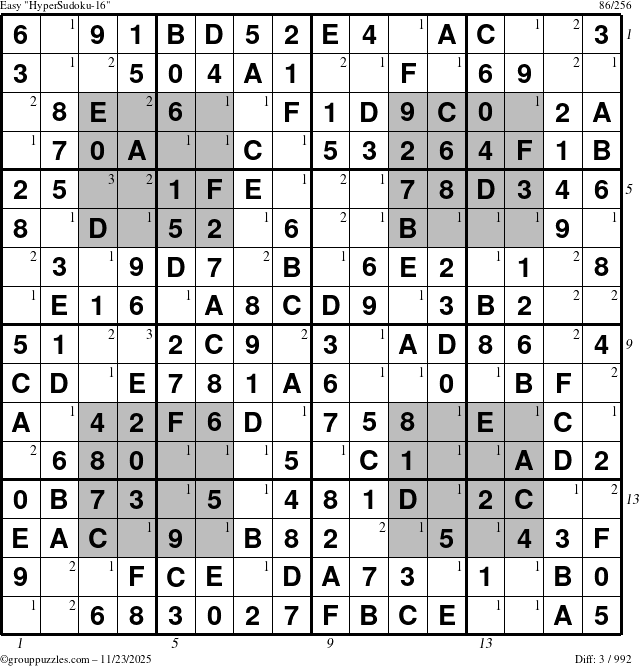 The grouppuzzles.com Easy HyperSudoku-16 puzzle for Sunday November 23, 2025 with all 3 steps marked