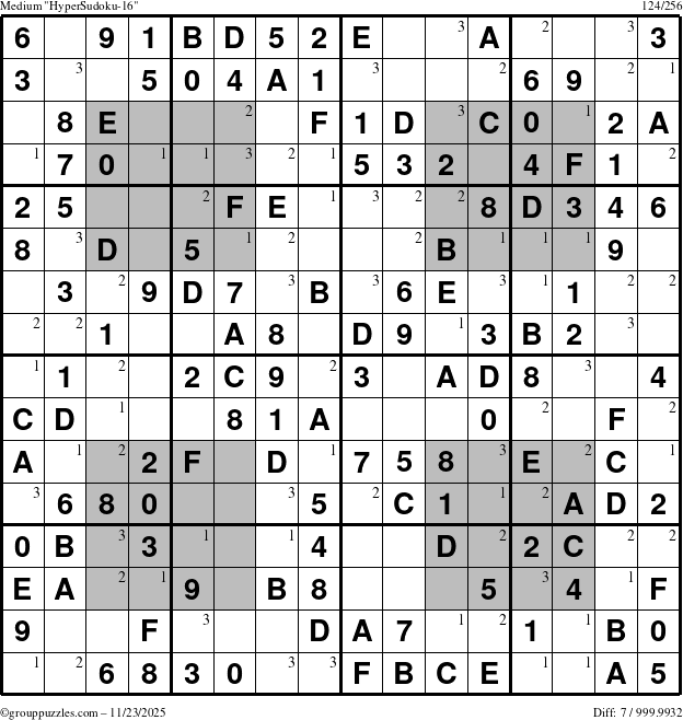 The grouppuzzles.com Medium HyperSudoku-16 puzzle for Sunday November 23, 2025 with the first 3 steps marked