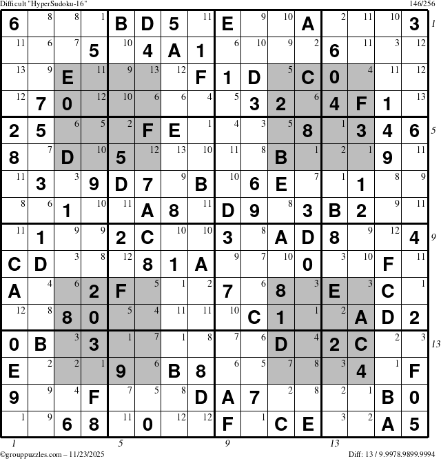 The grouppuzzles.com Difficult HyperSudoku-16 puzzle for Sunday November 23, 2025, suitable for printing, with all 13 steps marked