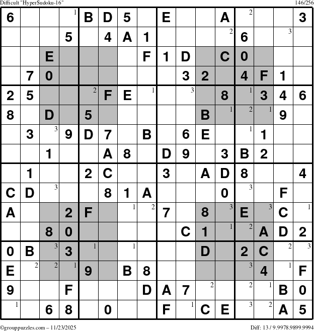 The grouppuzzles.com Difficult HyperSudoku-16 puzzle for Sunday November 23, 2025 with the first 3 steps marked