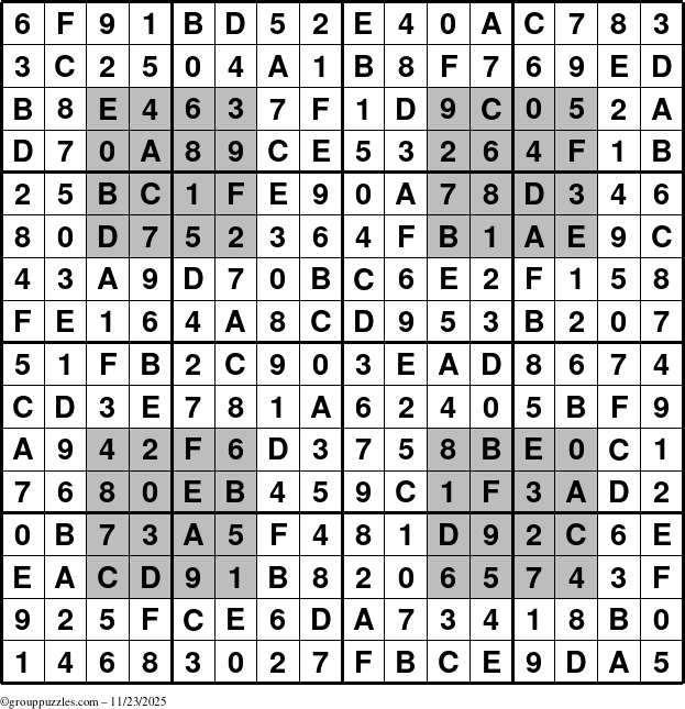 The grouppuzzles.com Answer grid for the HyperSudoku-16 puzzle for Sunday November 23, 2025