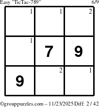 The grouppuzzles.com Easy TicTac-789 puzzle for Sunday November 23, 2025 with the first 2 steps marked