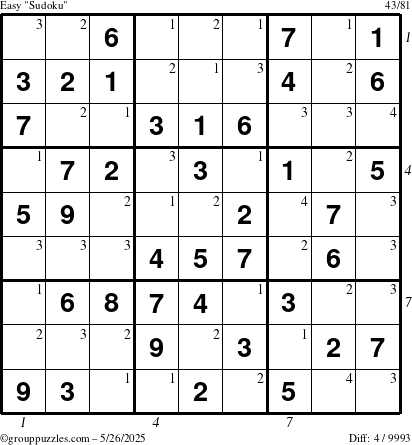 The grouppuzzles.com Easy Sudoku puzzle for Monday May 26, 2025 with all 4 steps marked