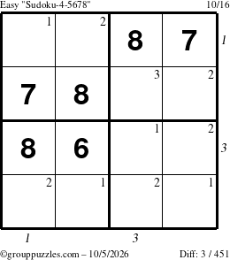 The grouppuzzles.com Easy Sudoku-4-5678 puzzle for Monday October 5, 2026, suitable for printing, with all 3 steps marked