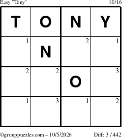 The grouppuzzles.com Easy Tony puzzle for Monday October 5, 2026 with the first 3 steps marked