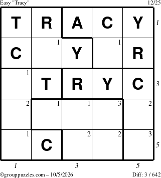 The grouppuzzles.com Easy Tracy puzzle for Monday October 5, 2026, suitable for printing, with all 3 steps marked
