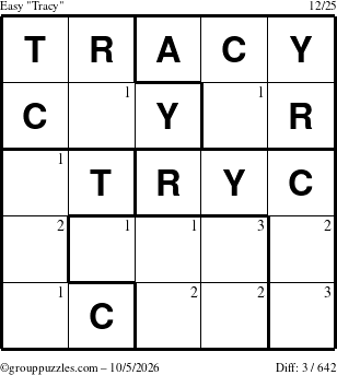 The grouppuzzles.com Easy Tracy puzzle for Monday October 5, 2026 with the first 3 steps marked