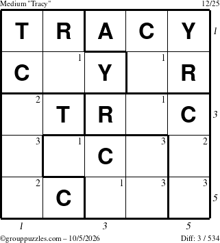 The grouppuzzles.com Medium Tracy puzzle for Monday October 5, 2026, suitable for printing, with all 3 steps marked