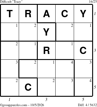 The grouppuzzles.com Difficult Tracy puzzle for Monday October 5, 2026, suitable for printing, with all 4 steps marked
